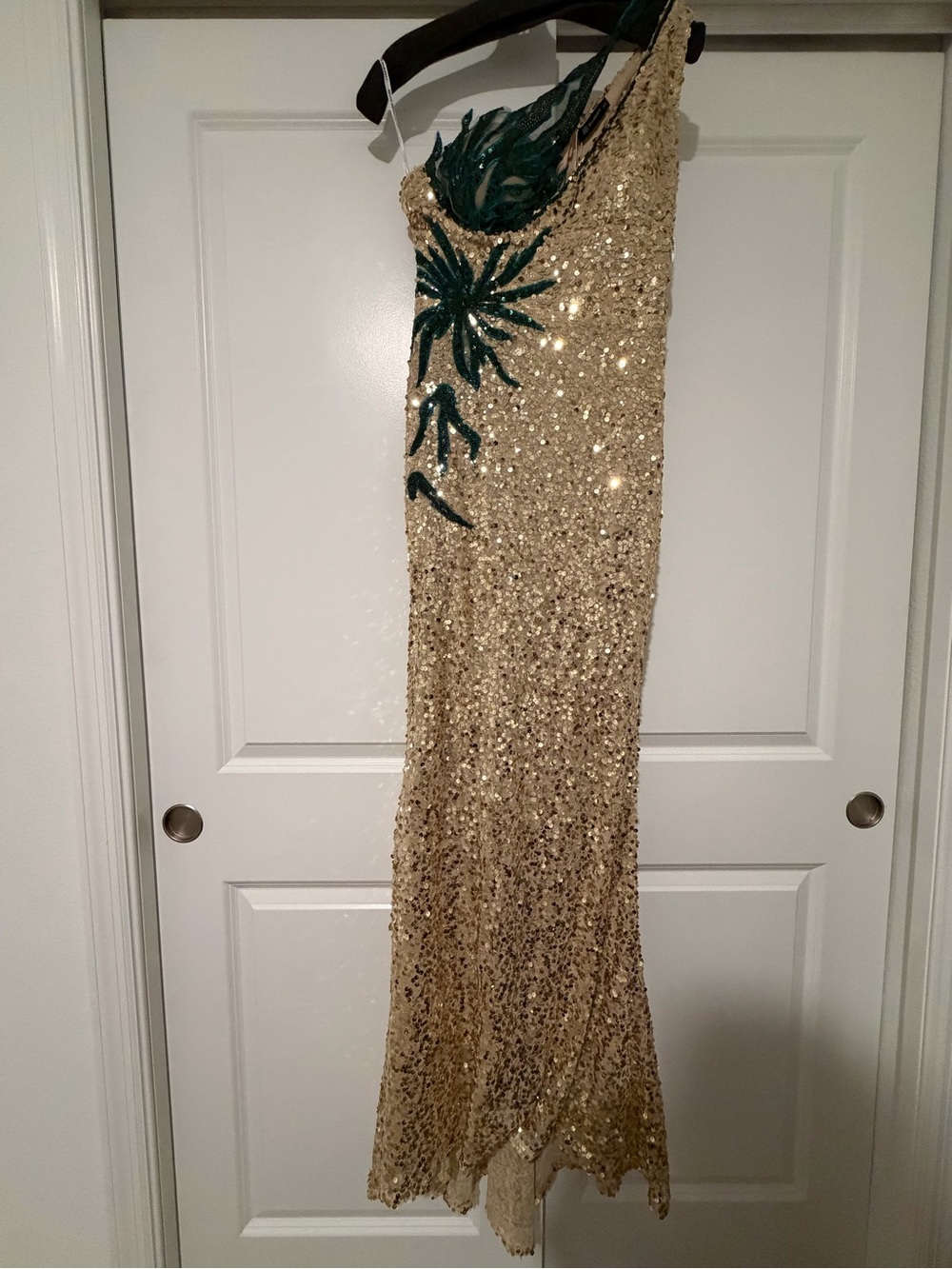 Sequin Gold formal Dress Accented with Green floral Embellishment